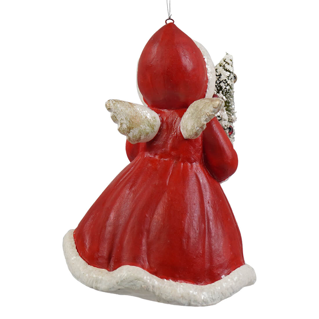 Red angel holding tree ornament with white trim and wings holding a snow-dusted tree by bethany lowe design