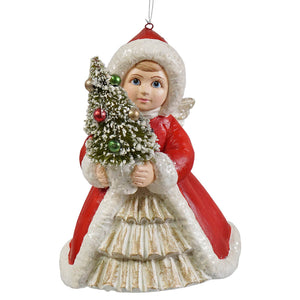 A festive bethany lowe design christmas angel holding a miniature frosted tree in red and white porcelain