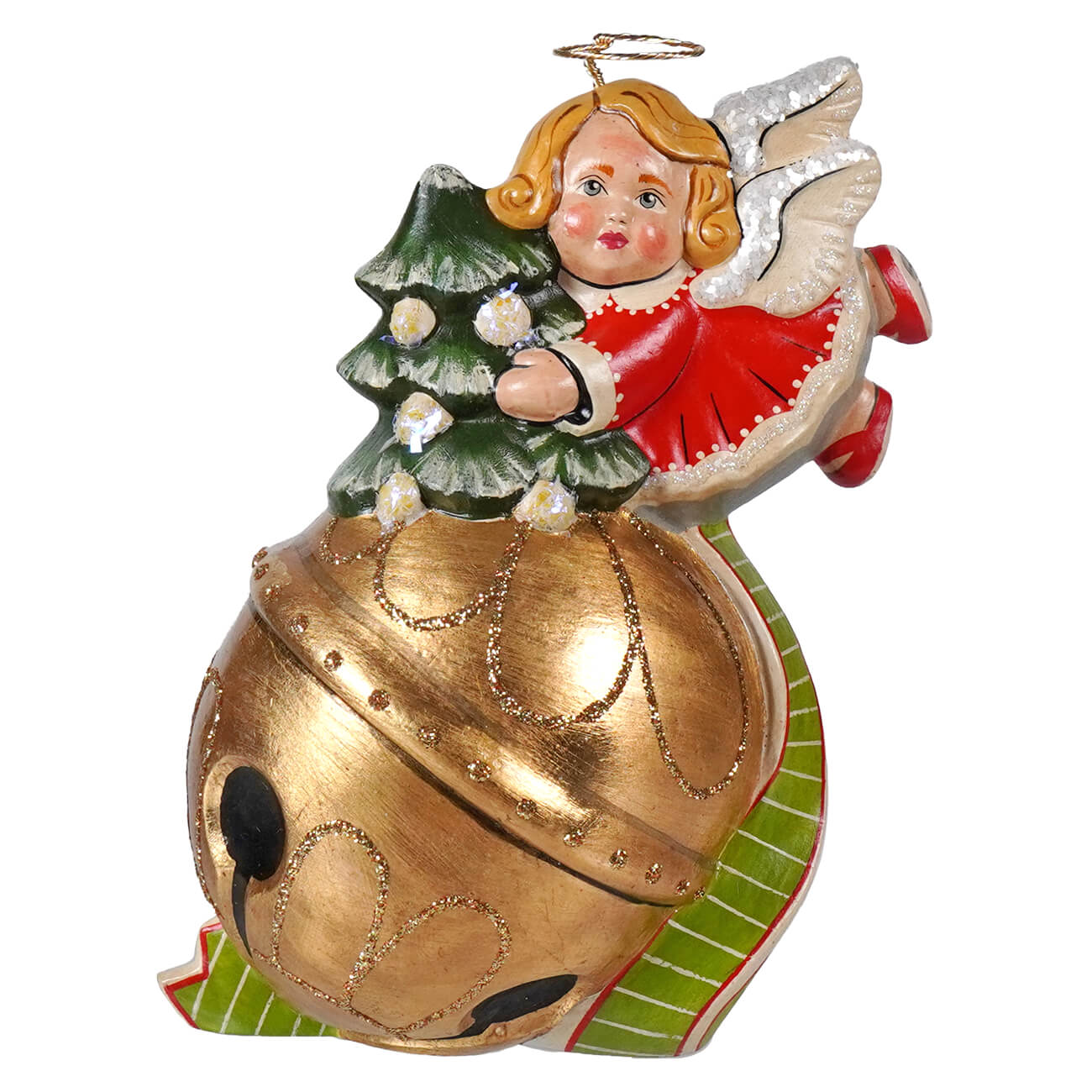 A festive angel figurine with golden wings and red dress holding a christmas tree on a gold bell from vaillancourt folk art