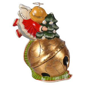 A festive vaillancourt folk art golden bell ornament with a cherub hugging a decorated christmas tree limited edition