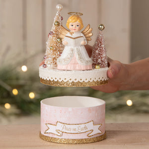 Delicate porcelain bethany lowe angel figure with golden wings holding book atop glittery pink and gold christmas trees decor