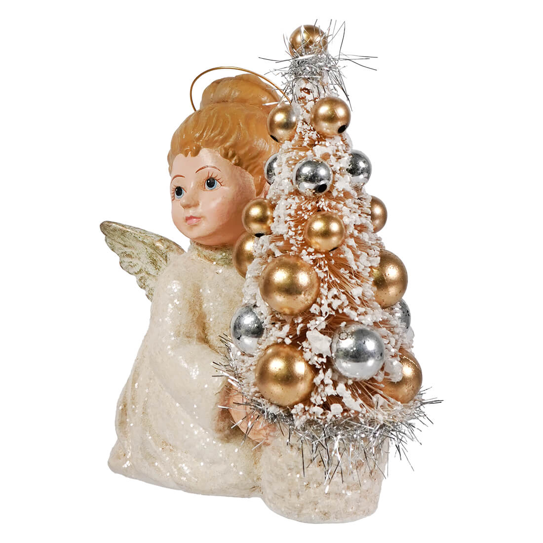 Delicate bethany lowe angel figure with golden hair and white wings holding a christmas tree with gold silver decor