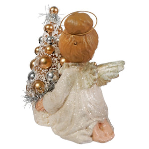 A bethany lowe resin angel figure with a glittery white robe golden halo holding a decorated mini christmas tree