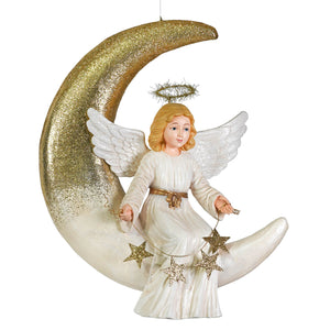 White angel figurine with gold glitter wings and halo holding golden stars on a shimmering crescent moon bethany lowe design