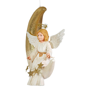 Angelica on moon bethany lowe angel figure with white body gold glitter wings crescent moon and golden star decor