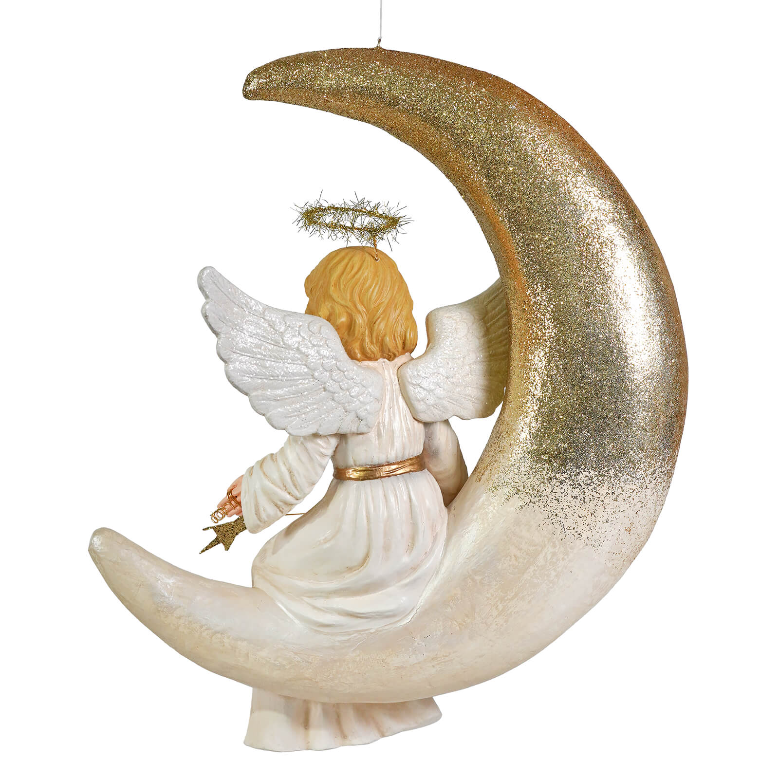 A bethany lowe angel figure with white angelica sitting on a crescent moon ornament with gold wings and glittery details
