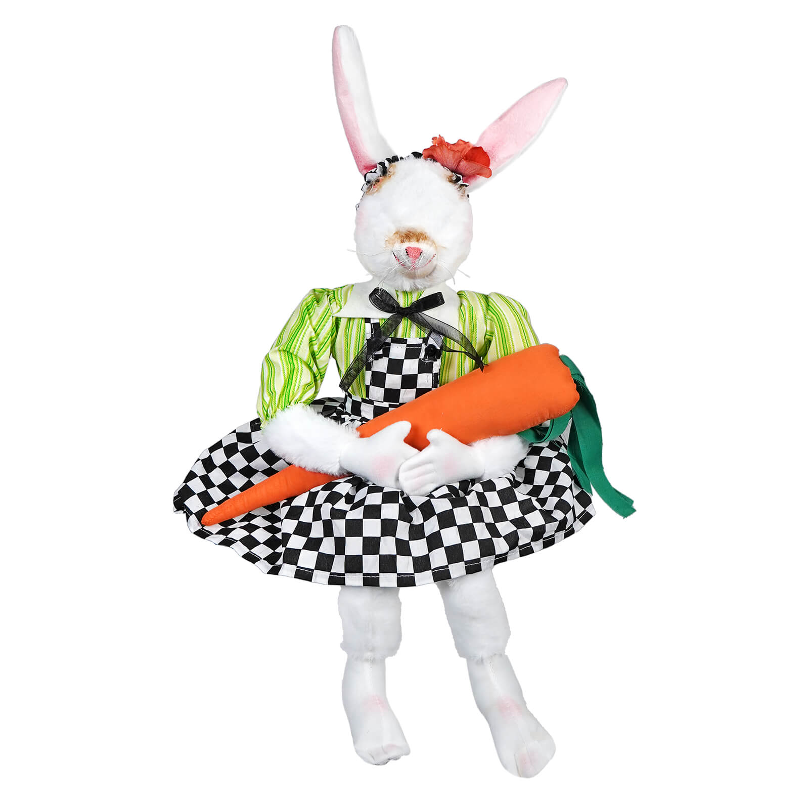 A plush fabric doll angora by gallerie ii design featuring a white rabbit with softly embroidered face holding a carrot