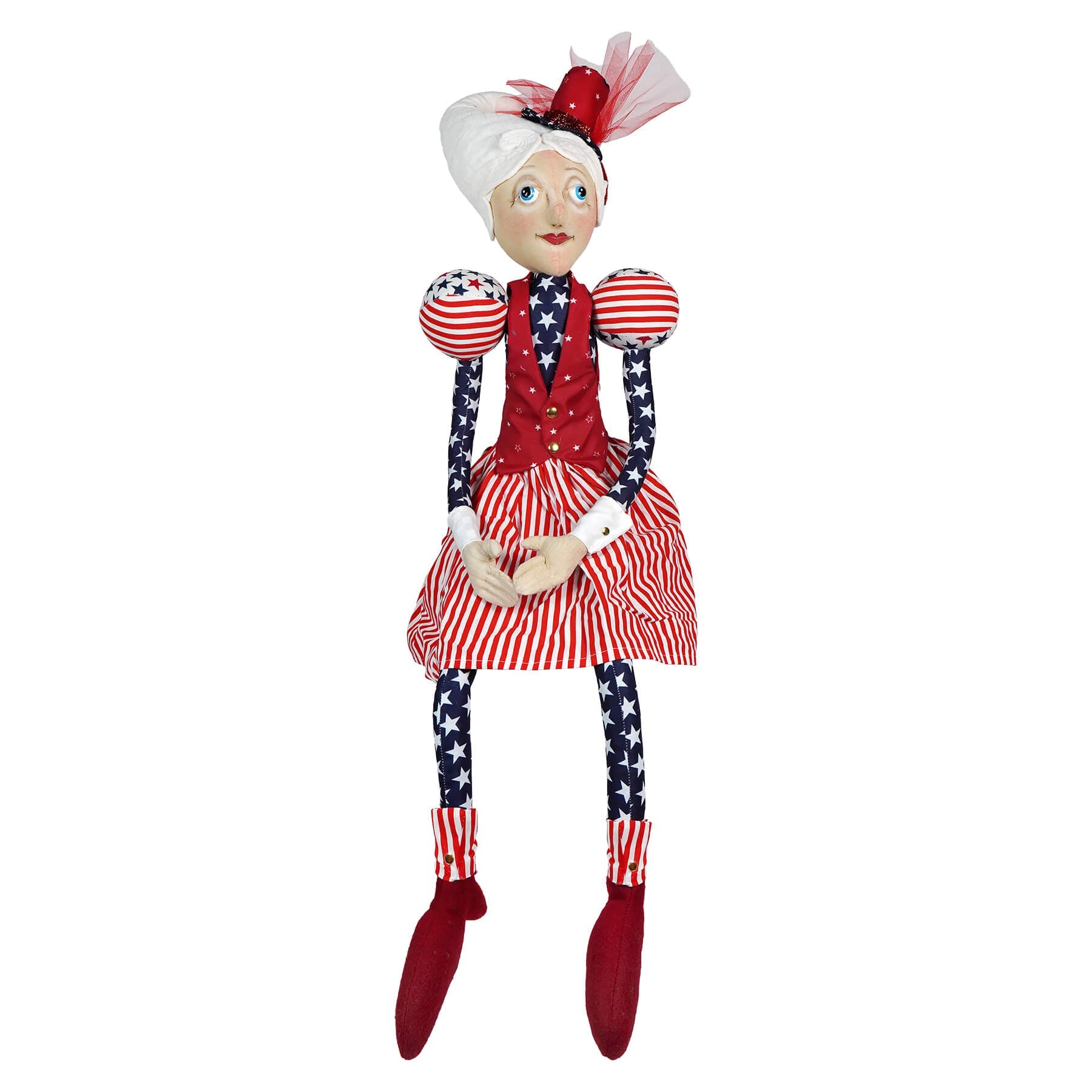 Annie star whimsical doll wearing red white and blue patriotic outfit with star leggings from joe spencer patriotic sea themed dolls