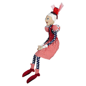 Annie Star whimsical doll with white hair blue eyes and a joe spencer patriotic & sea themed dolls outfit with stars and stripes