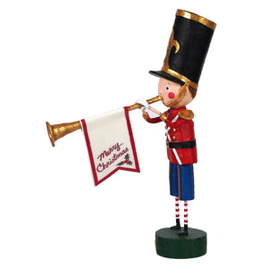 A festive red and blue toy soldier figurine holding a golden horn with a merry christmas banner announcing christmas a childs christmas figures