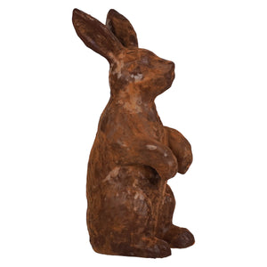 Antique brown standing rabbit figurine in rust color with textured weathered surface by muffin junction design 12-inch-tall paper mâché