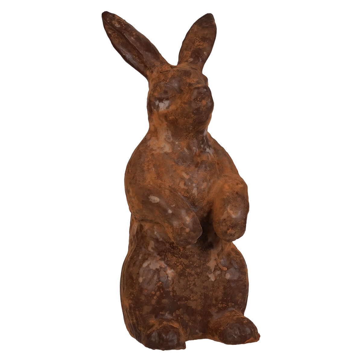 Antique brown standing rust-colored metal rabbit figurine with weathered textured surface by muffin junction design