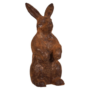 Antique brown standing rust-colored metal rabbit figurine with weathered textured surface by muffin junction design