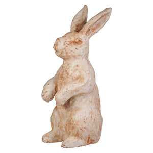A rustic antique ivory standing rabbit ceramic figurine with weathered off-white finish and subtle brown speckles