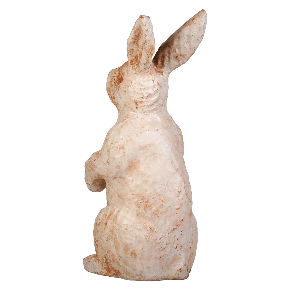 A weathered white ceramic antique ivory standing rabbit with subtle brown patina and textured surface for decor