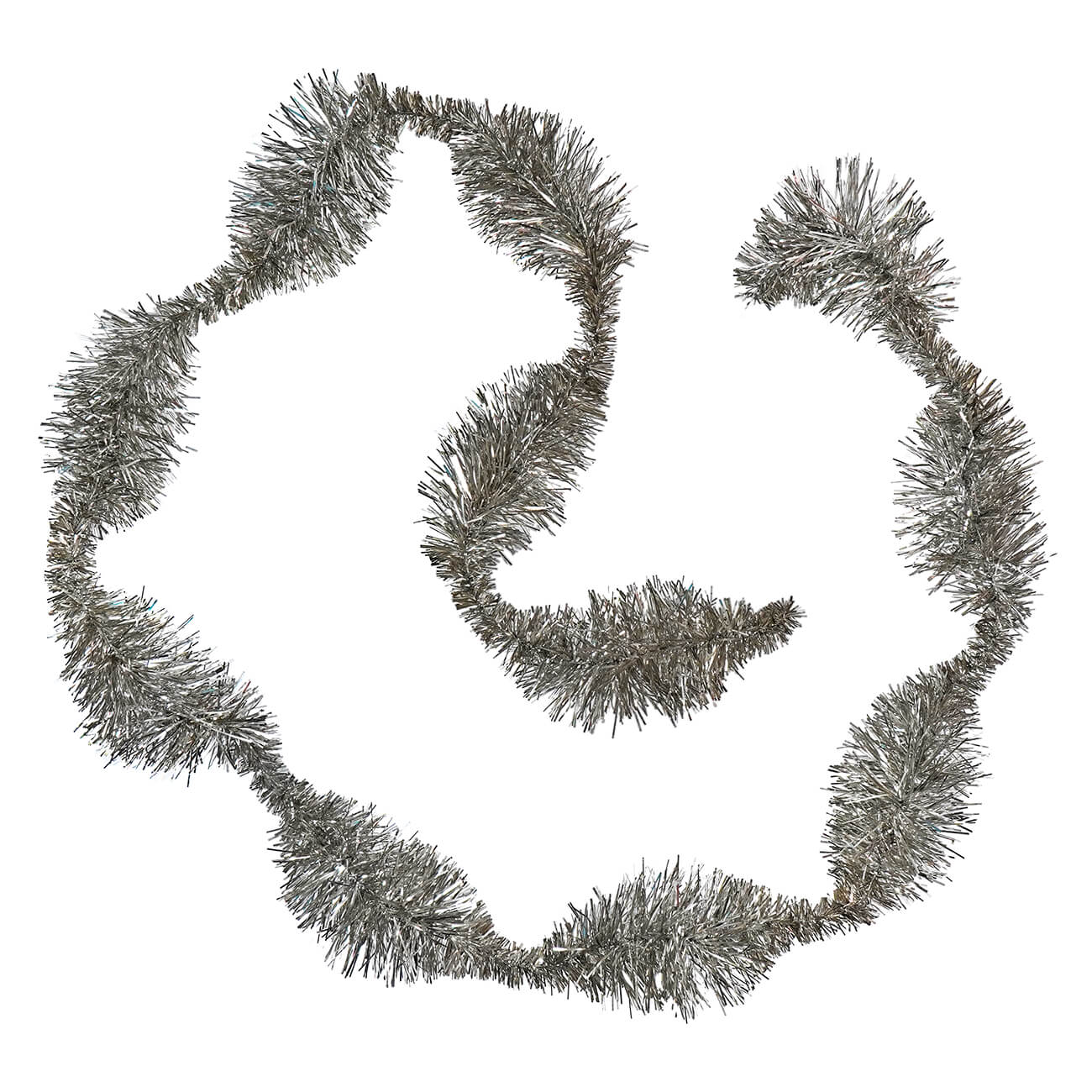 Silver tinsel garland arranged in a curvy, circular shape.