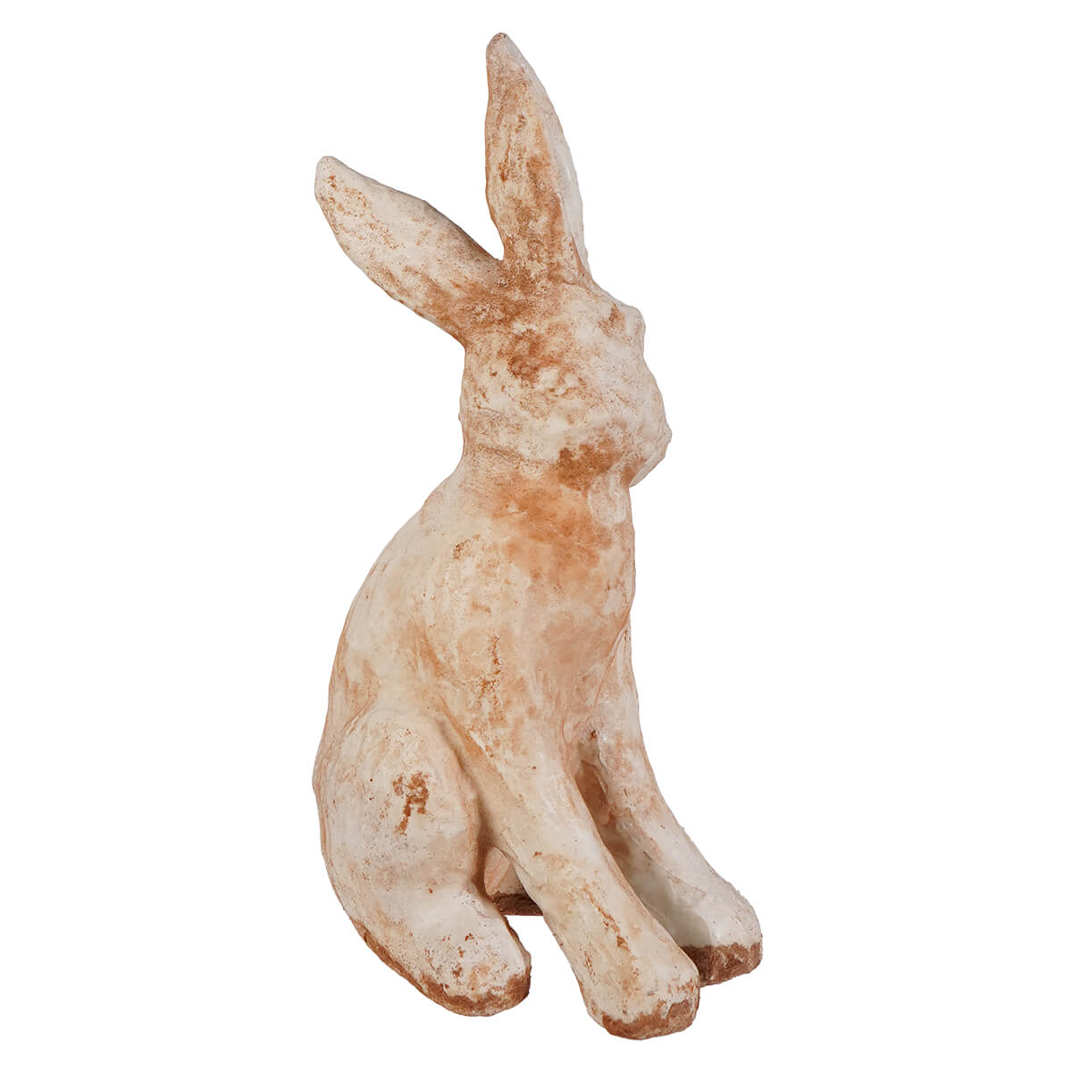 A rustic antique waxed ivory sitting rabbit figurine with upright ears and a weathered earthy patina