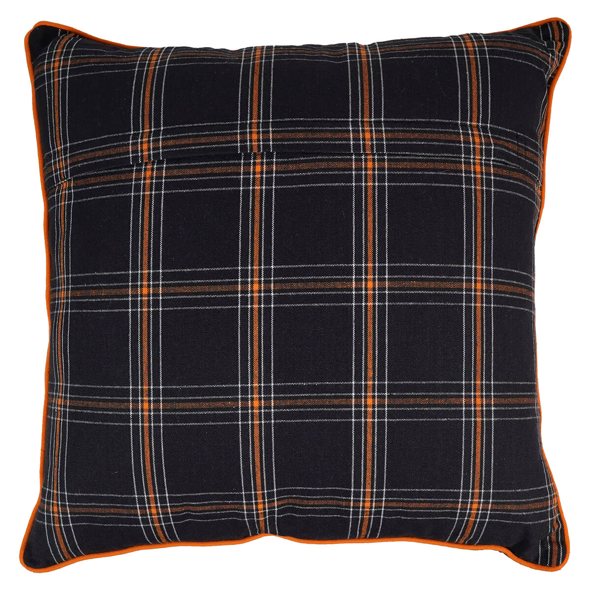 Plaid throw pillow with orange piping along the edges.