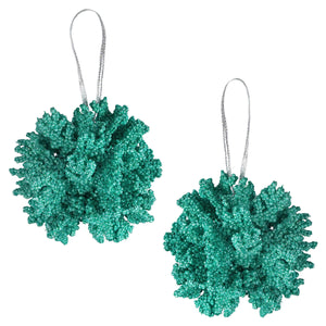 Two teal glittery coral ball ornaments from the aqua coral ball ornaments set perfect sea ornament decor