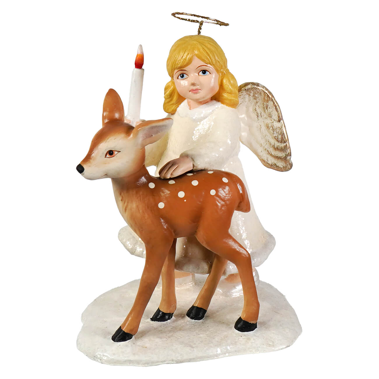 White angel figurine with blonde hair and gold wings holding a lit candle seated on a brown spotted deer bethany lowe angel figures & decor
