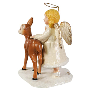 Delicate bethany lowe ariel angel with deer figure with golden wings white gown and spotted brown fawn decor