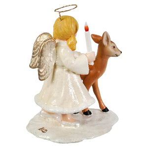 White porcelain ariel angel with deer figurine holding candle with golden halo and wings bethany lowe decor