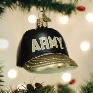 Black glass army baseball cap ornament with gold lettering and glittery gold brim perfect world christmas ornament