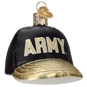 Black and gold army baseball cap ornament with glittery trim perfect as a world christmas ornament