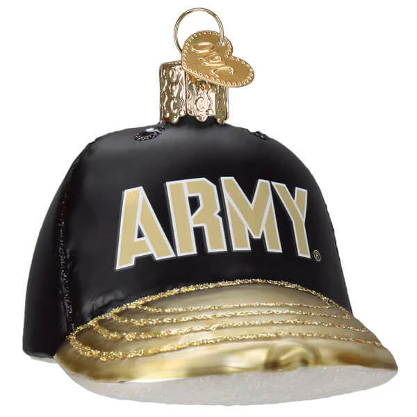 Black and gold army baseball cap ornament with glittery trim perfect as a world christmas ornament