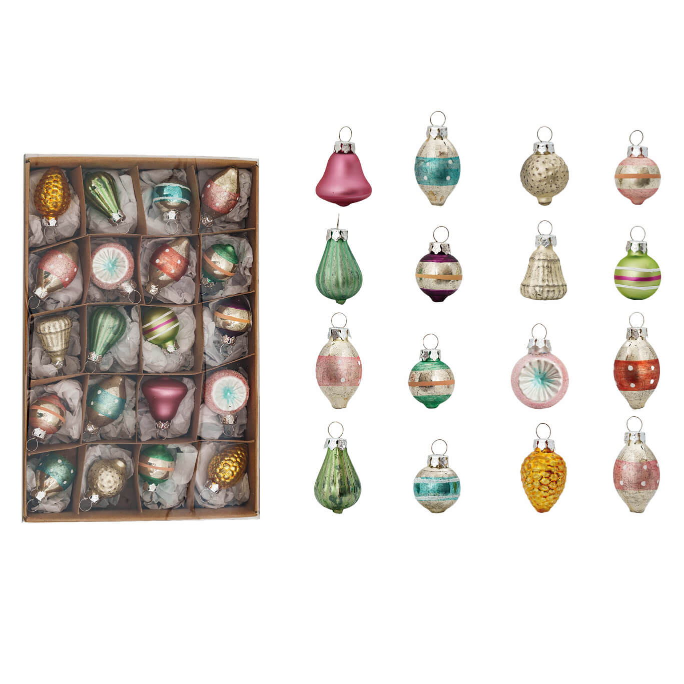 Box of vintage glass Christmas ornaments in various shapes and colors.