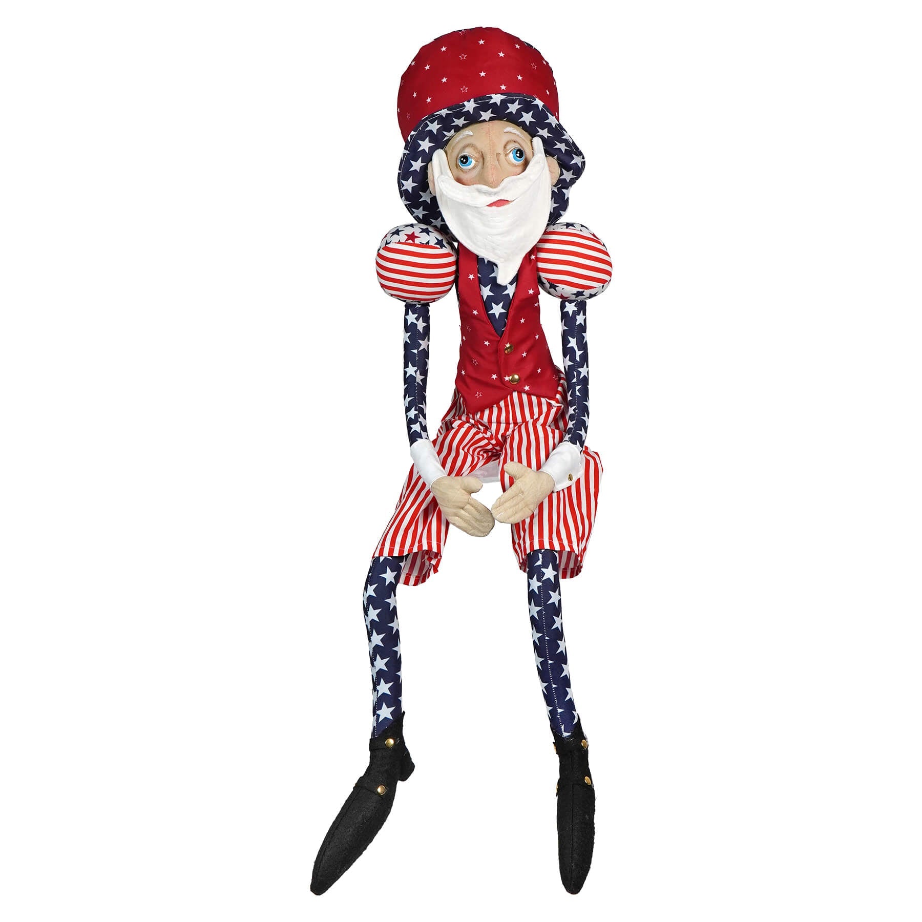 Attitus star plush elf doll wearing a patriotic red white and blue star hat striped vest pants and black boots