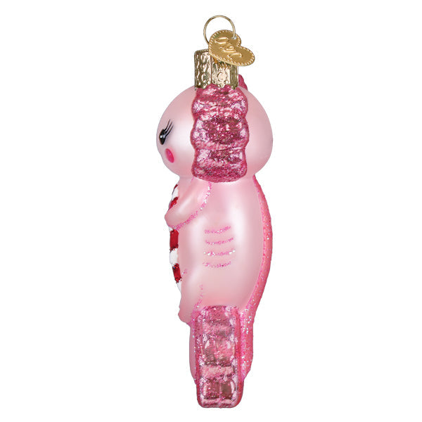 Pink glass axolotl ornament with glittery pink fins and gold heart cap perfect figural decor or lighted decor option