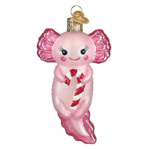Pink glittery glass axolotl with candy cane ornament featuring gold loop for festive figural decor or lighted decor