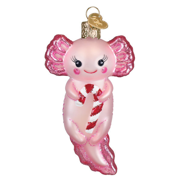 Pink glittery glass axolotl with candy cane ornament featuring gold loop for festive figural decor or lighted decor