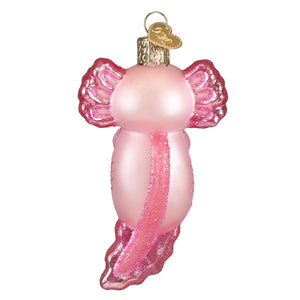 Pink glass axolotl ornament with glittery pink gills and tail and gold heart tag perfect figural decor or lighted decor