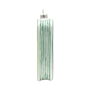 A white glass christmas ornament with green glitter stripes and silver cap inspired by beatles magical mystery tour bus ornament