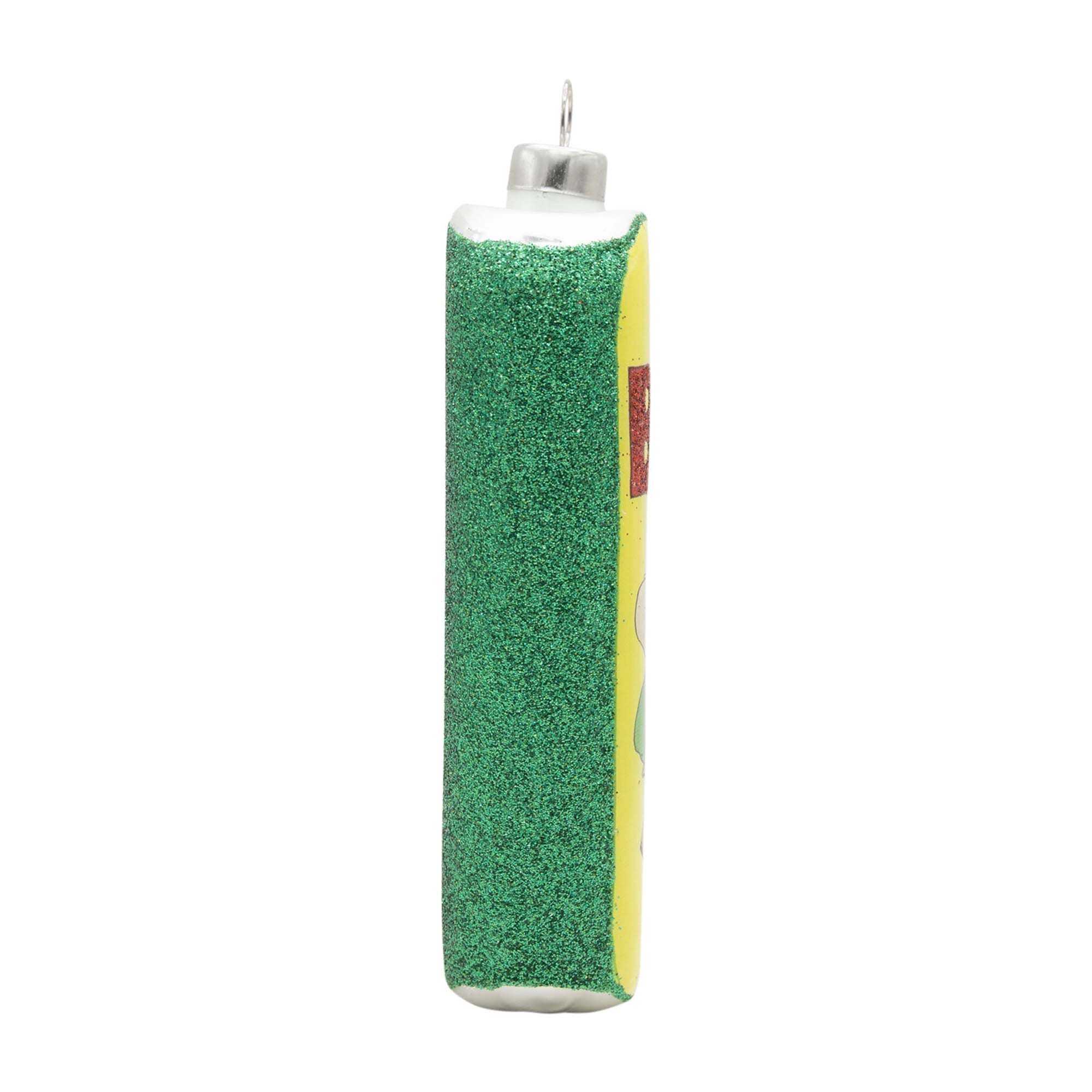 A festive green and yellow glittery glass tour bus ornament with a silver cap inspired by beatles magical mystery tour