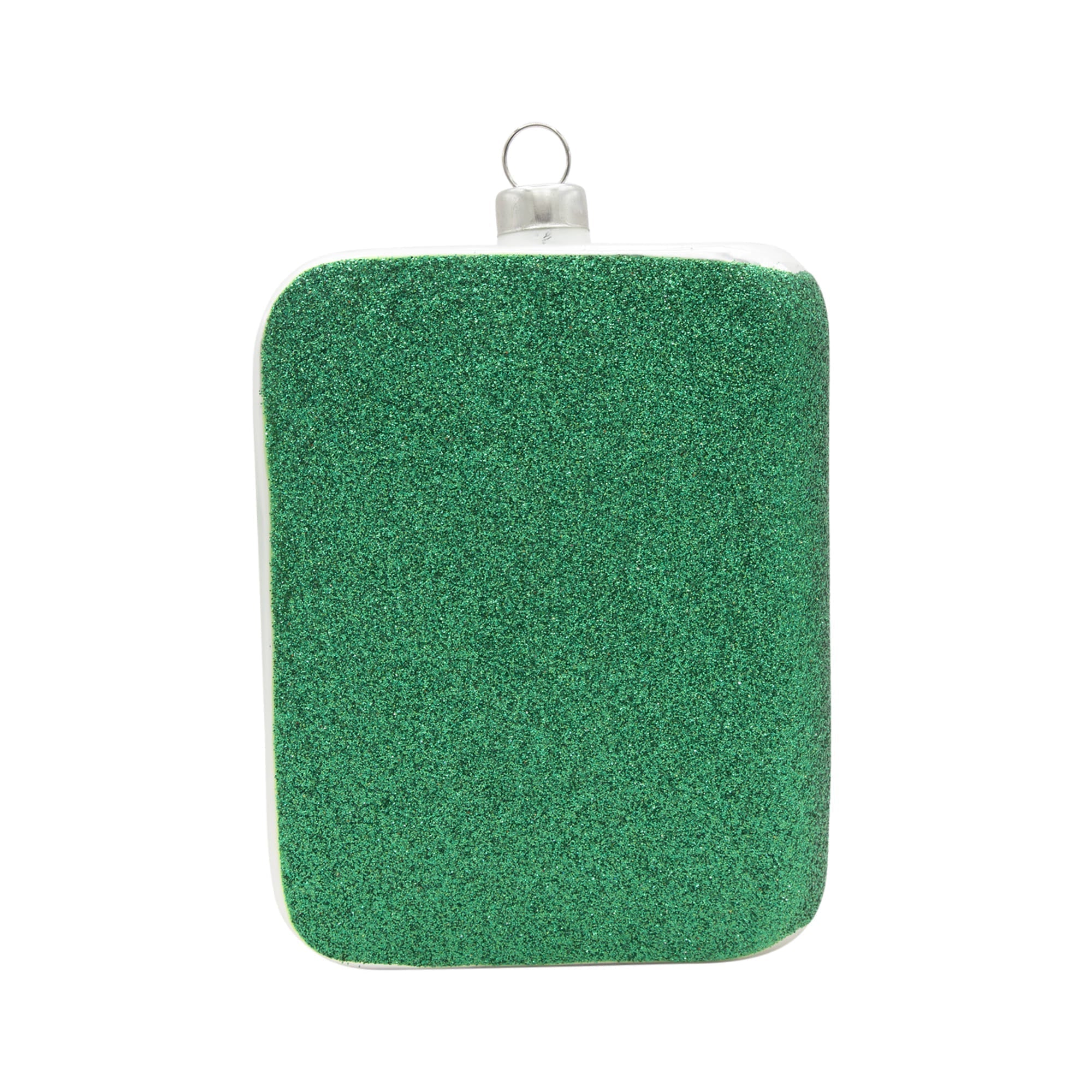 A festive green glittery rectangular christmas ornament with silver cap inspired by beatles magical mystery tour bus ornament