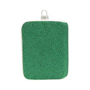 A festive green glittery rectangular christmas ornament with silver cap inspired by beatles magical mystery tour bus ornament