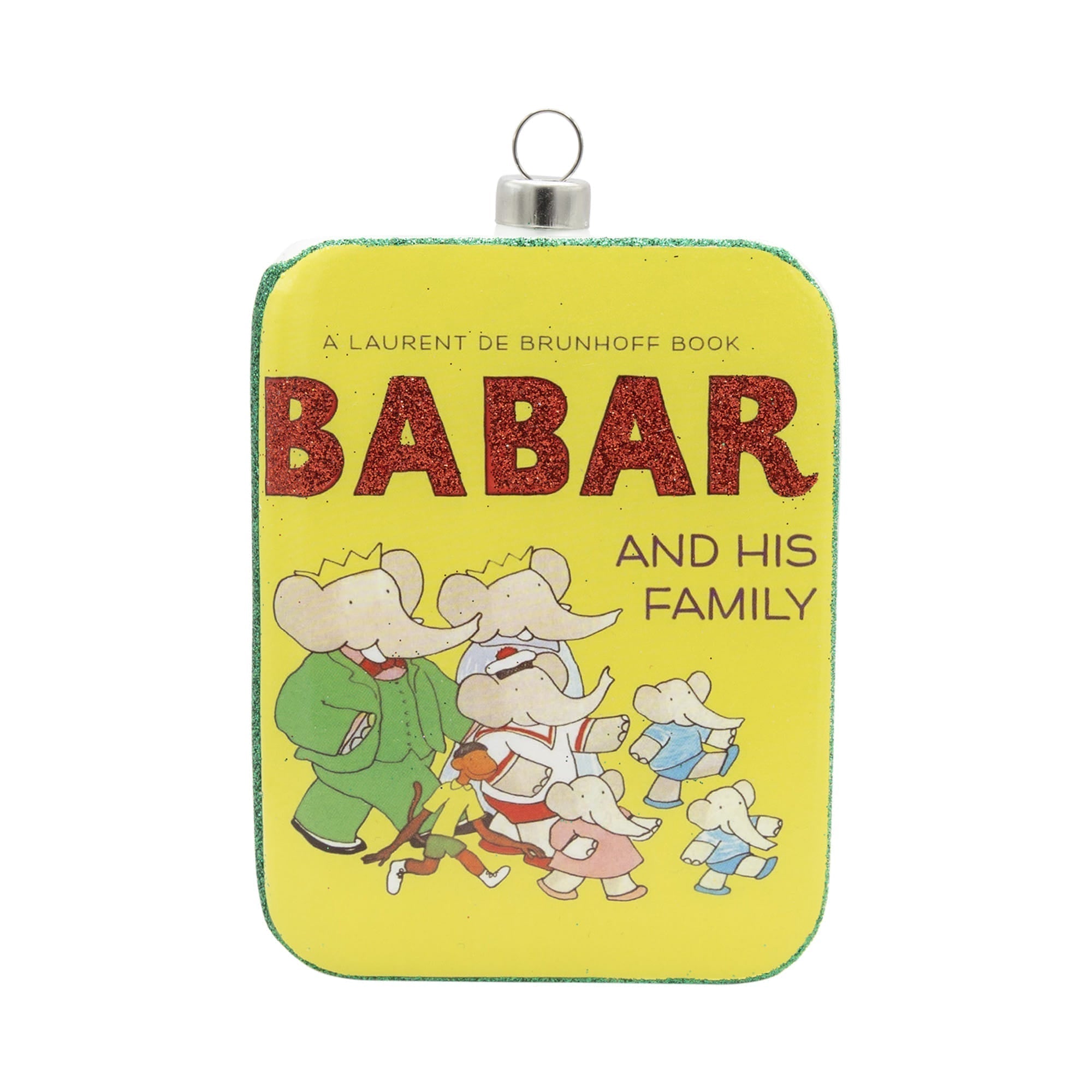 Bright yellow rectangular ornament with glittery red babar text and cartoon elephants perfect for magical mystery tour decor