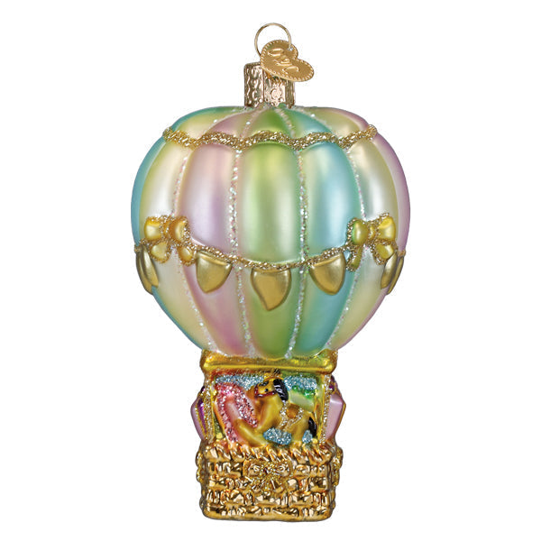 Baby bear balloon ornament iridescent glass hot air balloon with gold trim and painted figures perfect christmas bear ornament and figural decor