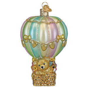 Baby bear balloon ornament pastel glass with gold bows and golden bear basket perfect christmas bear ornament and figural decor