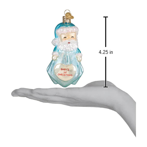 Translucent light blue glass baby boys 1st santa lovey ornament with heart inscription for baby and infant ornaments