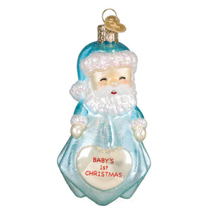 Baby boy’s 1st santa lovey ornament made of translucent light blue glass with glittery white beard holding heart plaque for baby & infant ornaments