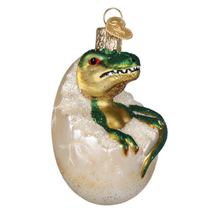 Baby dino in egg ornament with green and gold glitter t-rex dinosaur ornament lighted figural decor with red eyes