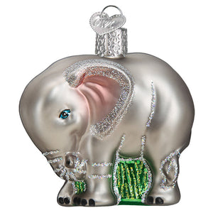 Baby elephant ornament silver glass with glittery accents pink ear teal eye and green textured trunk figural decor