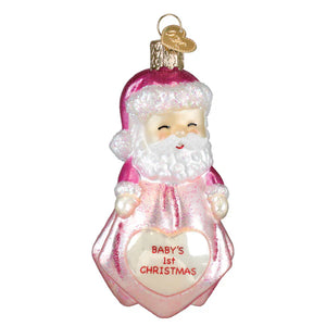 Pink glass santa claus ornament with glittery finish and white beard holding heart plaque for baby girls 1st christmas baby infant ornaments