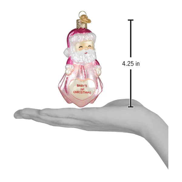 Pink glass santa claus baby girl ornament with white beard holding heart plaque baby 1st christmas baby infant ornaments