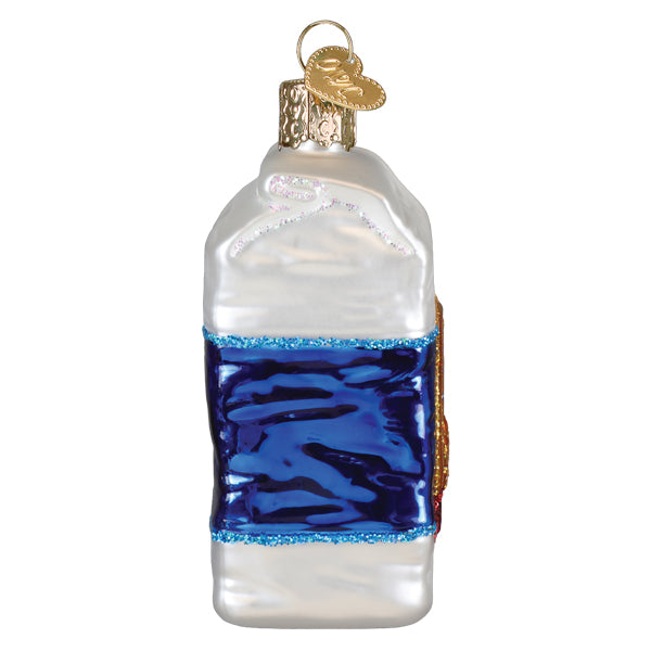 Clear glass bag of flour ornament with blue glittery label and gold cap, perfect figural decor or lighted decor