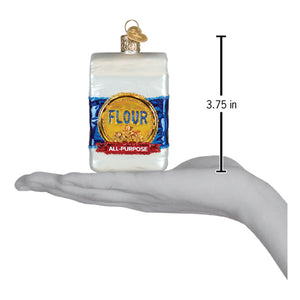 White glass bag of flour ornament with blue and gold label details perfect for figural decor or lighted decor